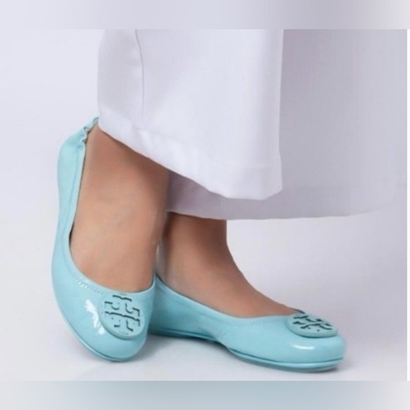 Tory Burch MINNIE TRAVEL BALLET FLAT Leather Island Blue Sz 7.5 - Picture 3 of 10